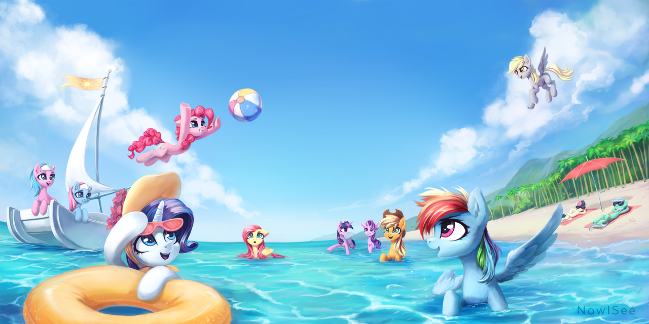 Summer - My little pony, Mane 6, Aloe, Lotus, Bon bon, Lyra heartstrings, Starlight Glimmer, Derpy hooves, Lotus Blossom, Twilight sparkle, , Rainbow dash, Rarity, Pinkie pie, Summer, Beach, Inowiseei