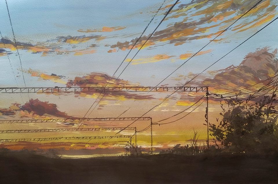 Railway. Gouache, paper 42*30cm - My, Drawing, Gouache, Painting, Sunset, The sun, Painting, Creation, Railway