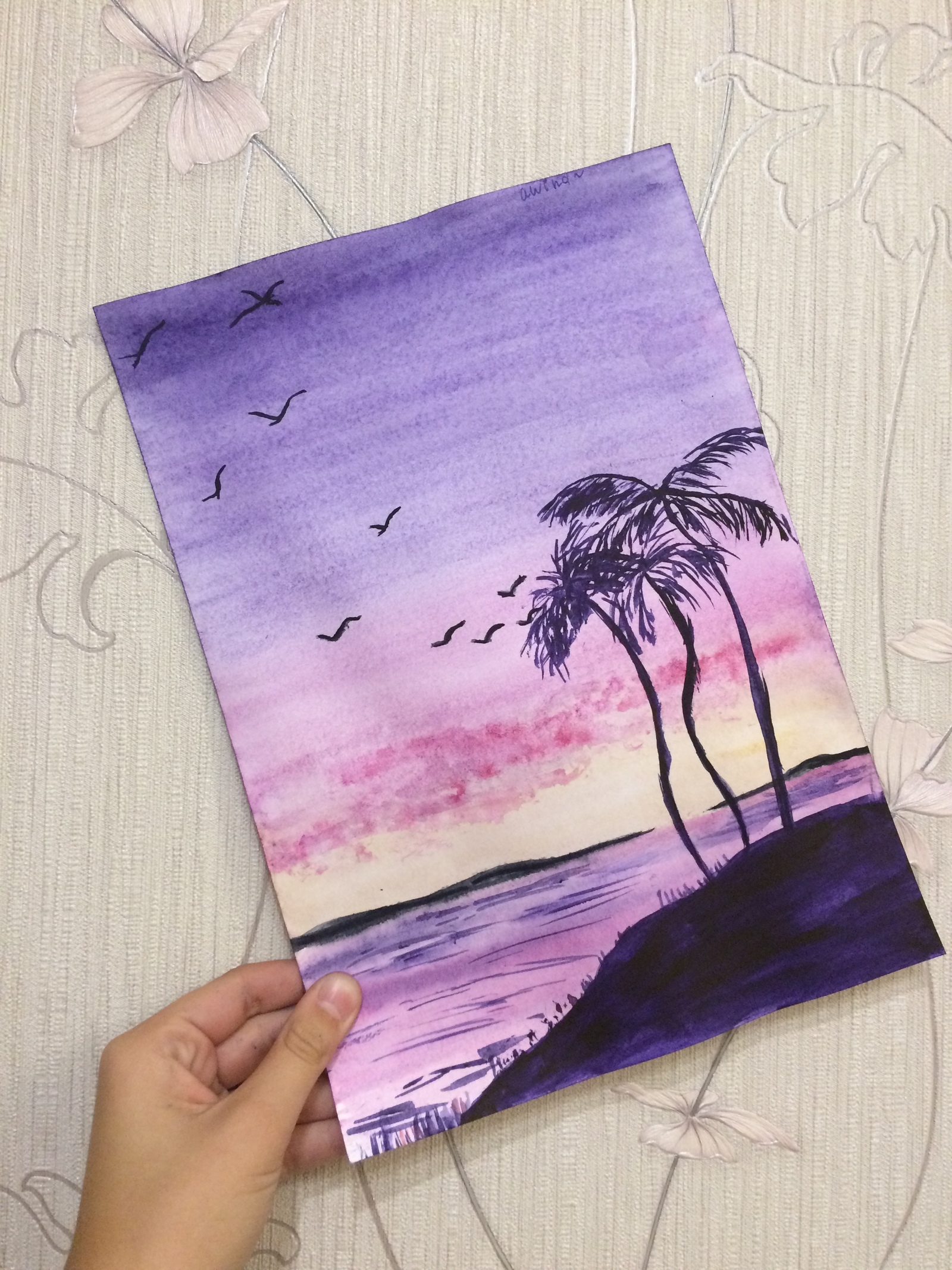 Sunset at sea - Sea, Drawing, Palm trees, Island