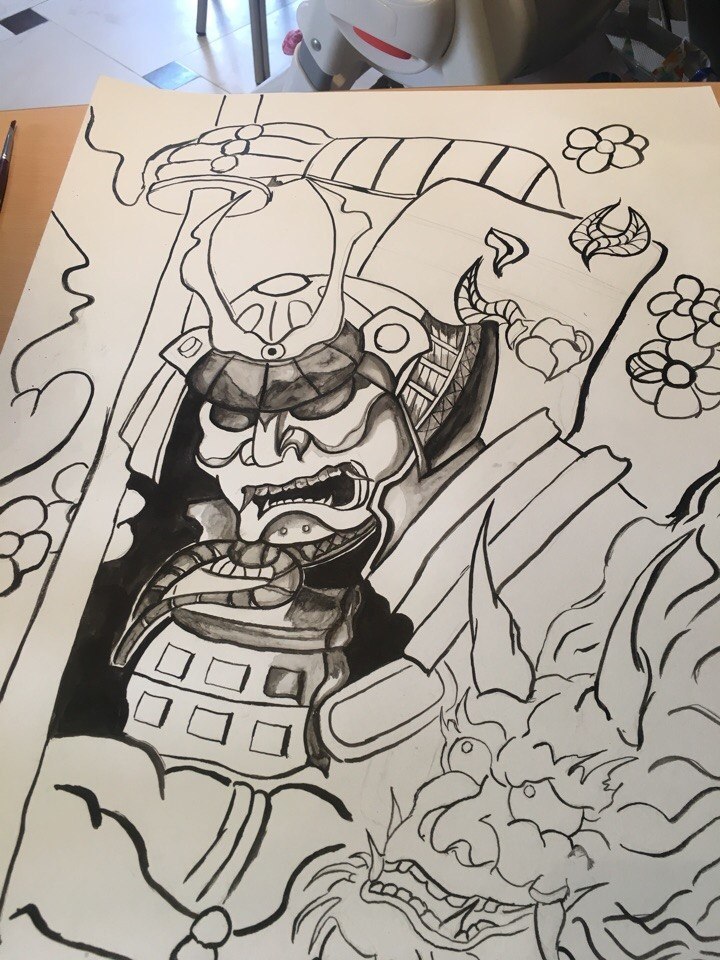 Another picture in the Japanese style - Samurai vs Oni. - My, Drawing, Mascara, Japan, Illustrations, Art, Creation, Longpost, The fight, Samurai