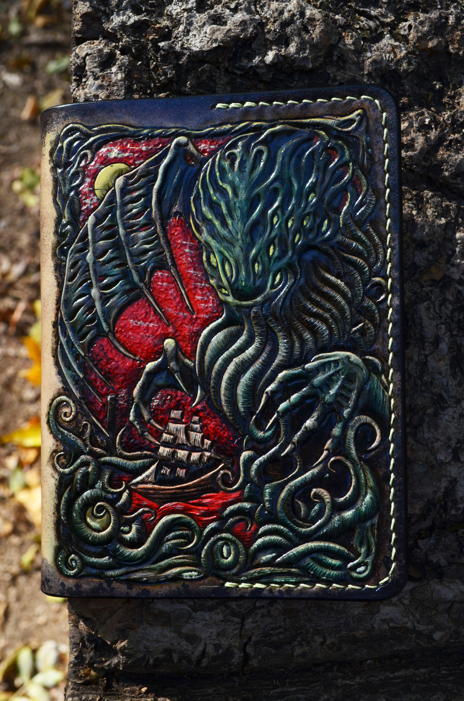 Passport cover - My, Howard Phillips Lovecraft, Cthulhu, Necronomicon, Leather, Embossing on leather, Cover, Longpost