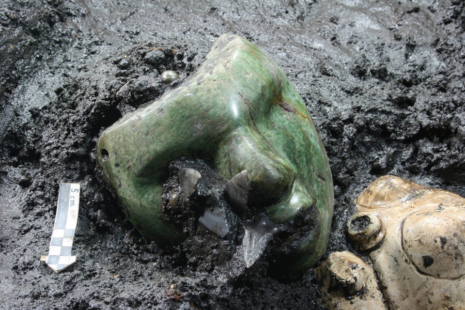 2000 year old green serpentine stone mask found at the base of the Pyramid of the Sun, Teotihuacan, Mexico - Mask, Mexico, Find