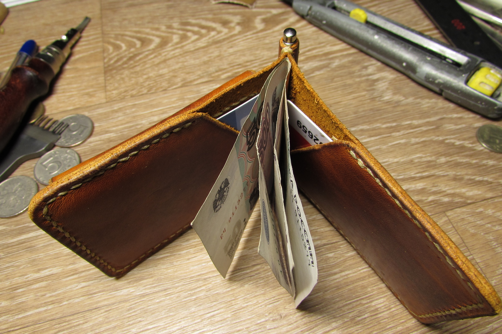 Just a bill holder - My, , , , Leather, Leather craft, Longpost, Needlework with process, Money clip