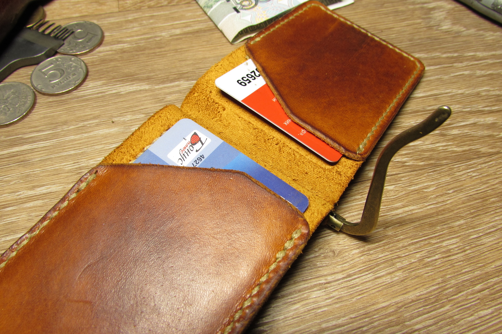 Just a bill holder - My, , , , Leather, Leather craft, Longpost, Needlework with process, Money clip