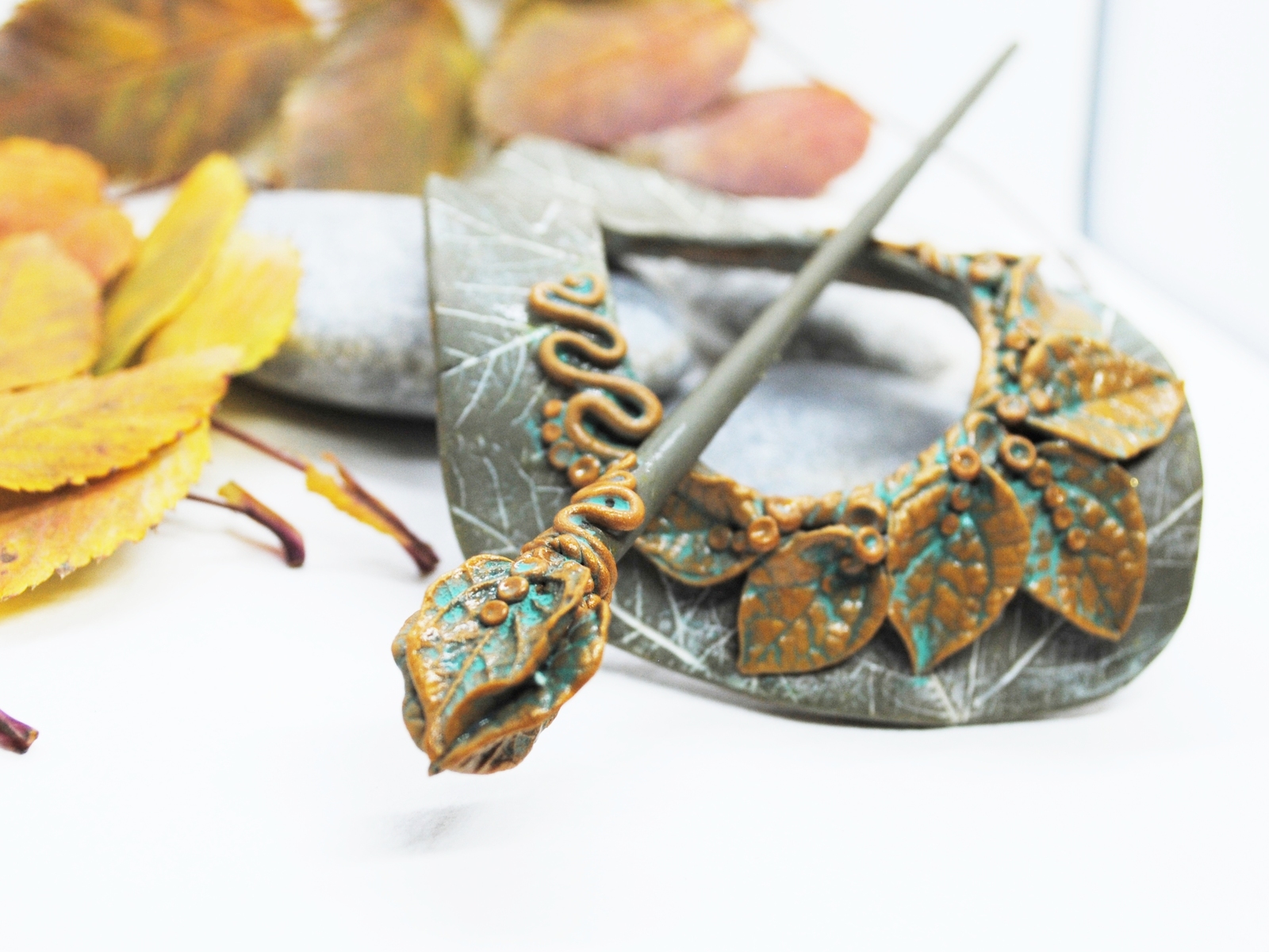 Hairpin - brooch Breath of autumn - My, Polymer clay, Barrette, Autumn, Longpost