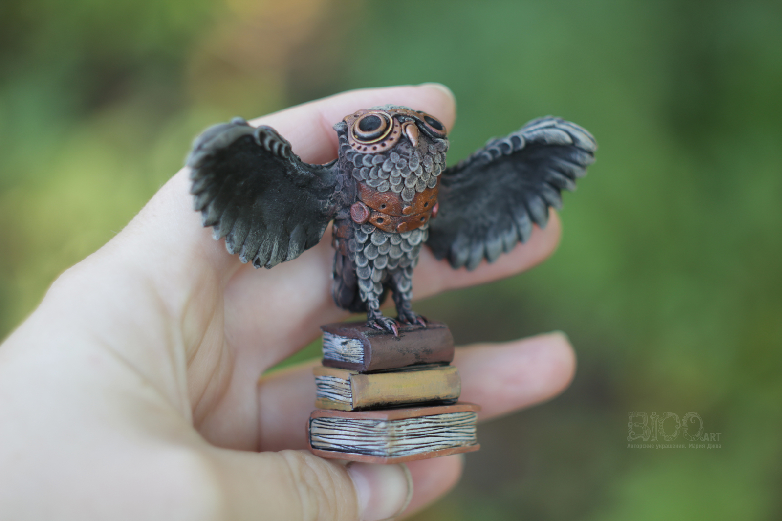 Figurine Owl in the style of steampunk, 78 mm tall. - My, Owl, Steampunk, Miniature, , Polymer clay, Longpost