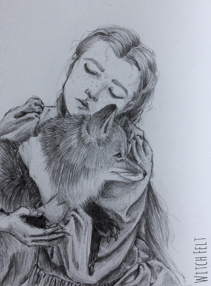 Tenderness - My, Drawing, Pencil drawing, Girls, Fox, Tenderness