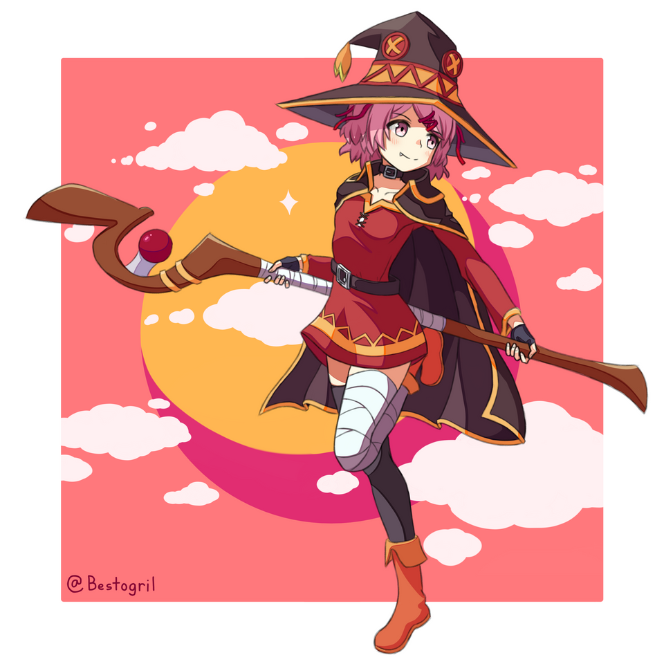 Natsuki used explosion magic - Konosuba, Megumin, Crossover, Doki Doki Literature Club, Natsuki, Anime art, Anime, Visual novel, Crossover