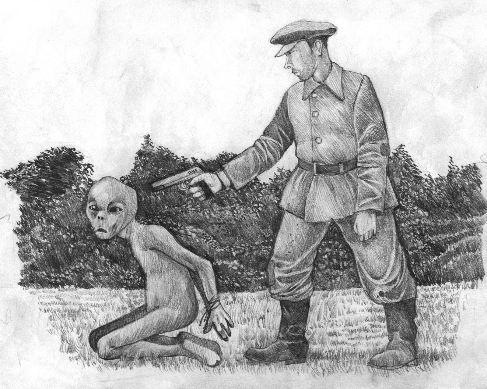 Partisan shoots an alien - My, Pencil drawing, Aliens, Creation