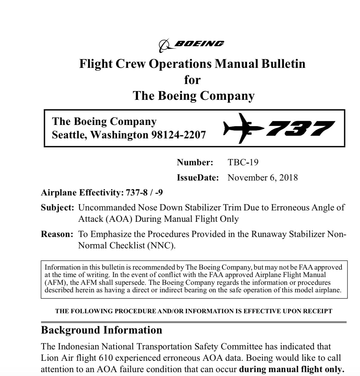 So what was the document the Boeing Corporation sent out to airlines because of the disaster in Indonesia? - Boeing, Indonesia, Catastrophe