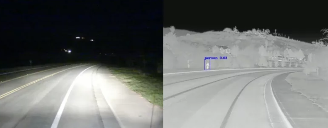 The difference in the recognition of people and cars by self-driving cars at night when using a conventional and thermal camera - Unmanned vehicle, Нейронные сети, GIF