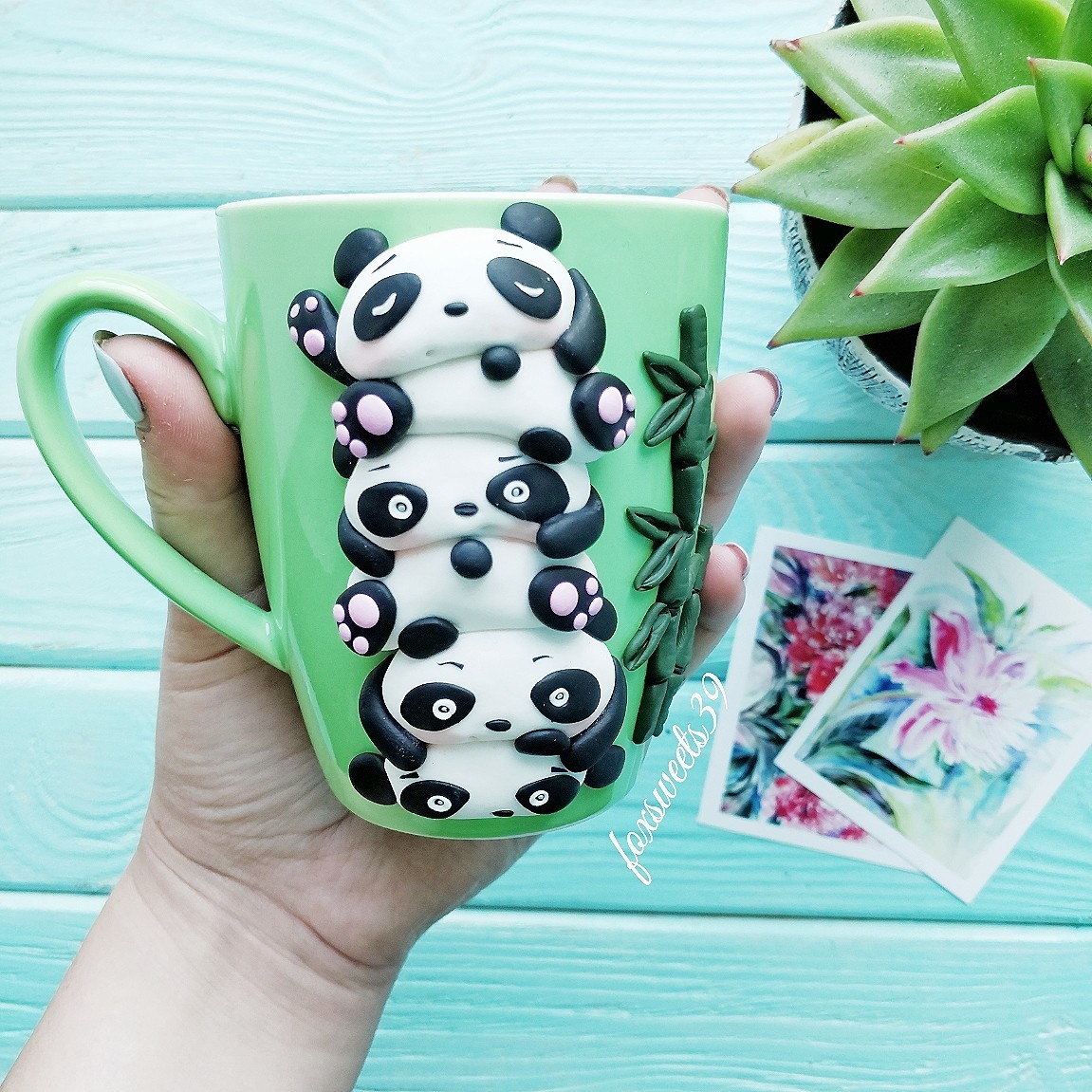 Mug with pandas) - My, Handmade, Mug with decor, Polymer clay, Unusual gifts