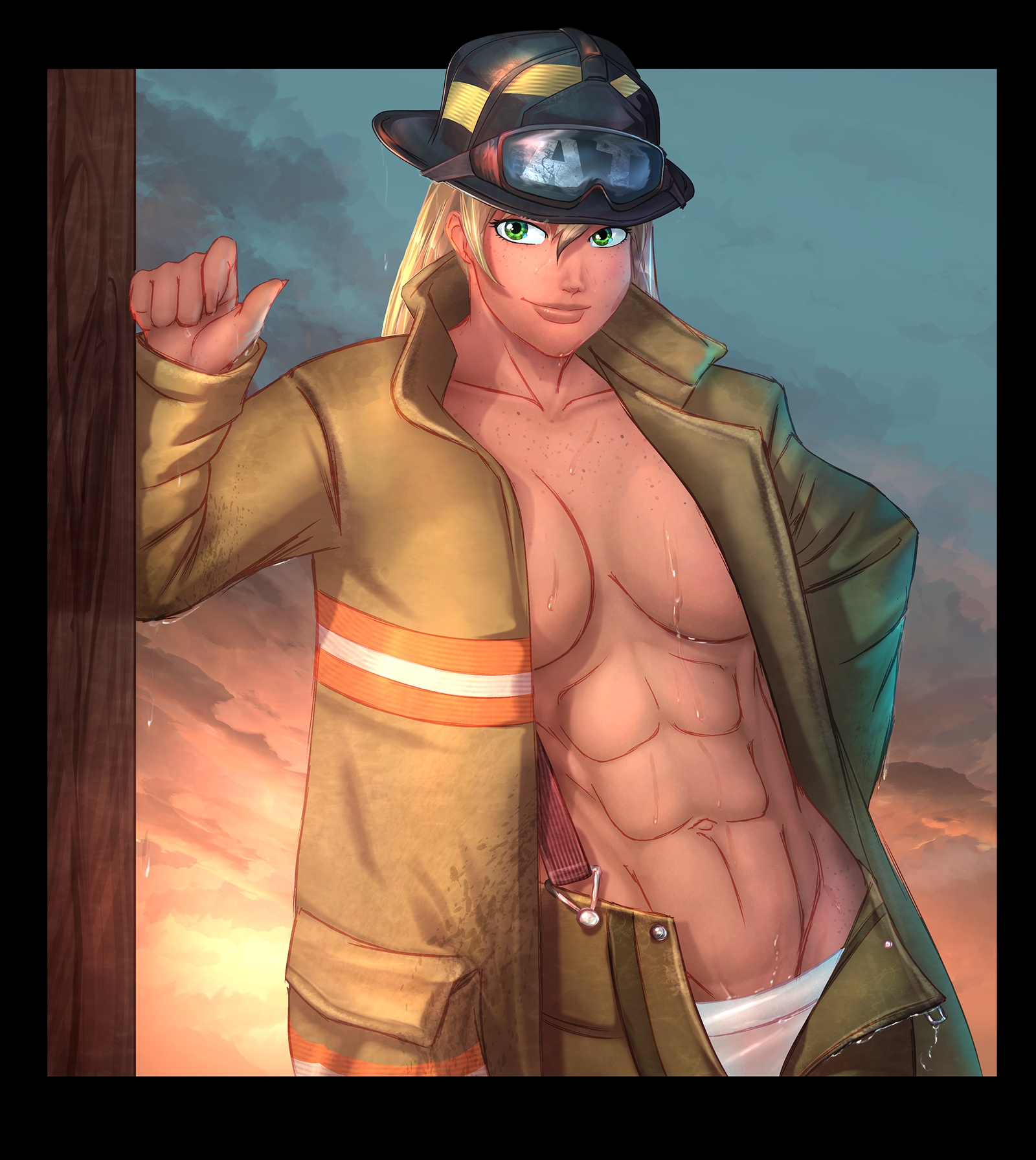 Firefighter Applejack - NSFW, , Applejack, Art, Strong girl, Humanization, My little pony, MLP Edge, Vest