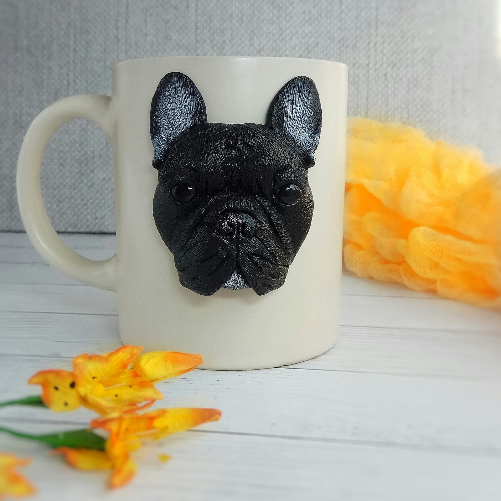 Mug with French Bulldog made of polymer clay - My, Polymer clay, Mug with decor, French Bulldog, Handmade, Needlework without process