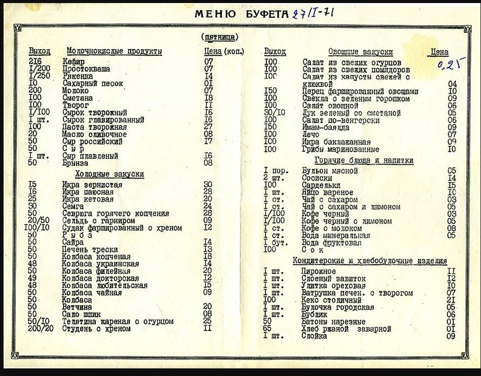 Buffet menu from January 27, 1971 - the USSR, Buffet, Prices, Food, Story