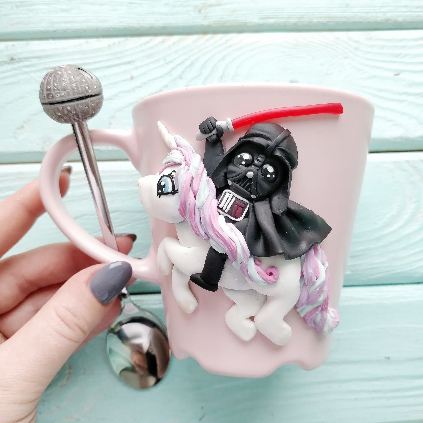 Darth Vader on a unicorn) - My, Darth vader, Handmade, Polymer clay, Mug with decor, Presents