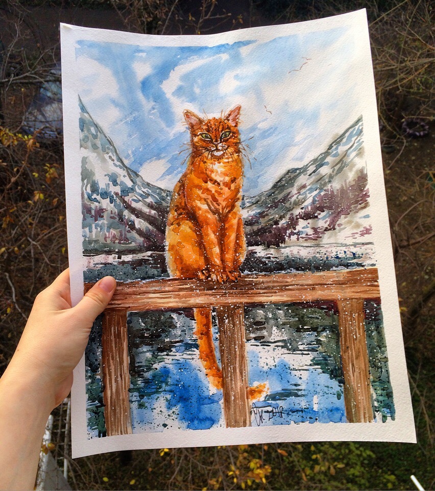 Waiting for winter - My, Creation, Art, Drawing, Watercolor, cat, Animals, Nature, Winter