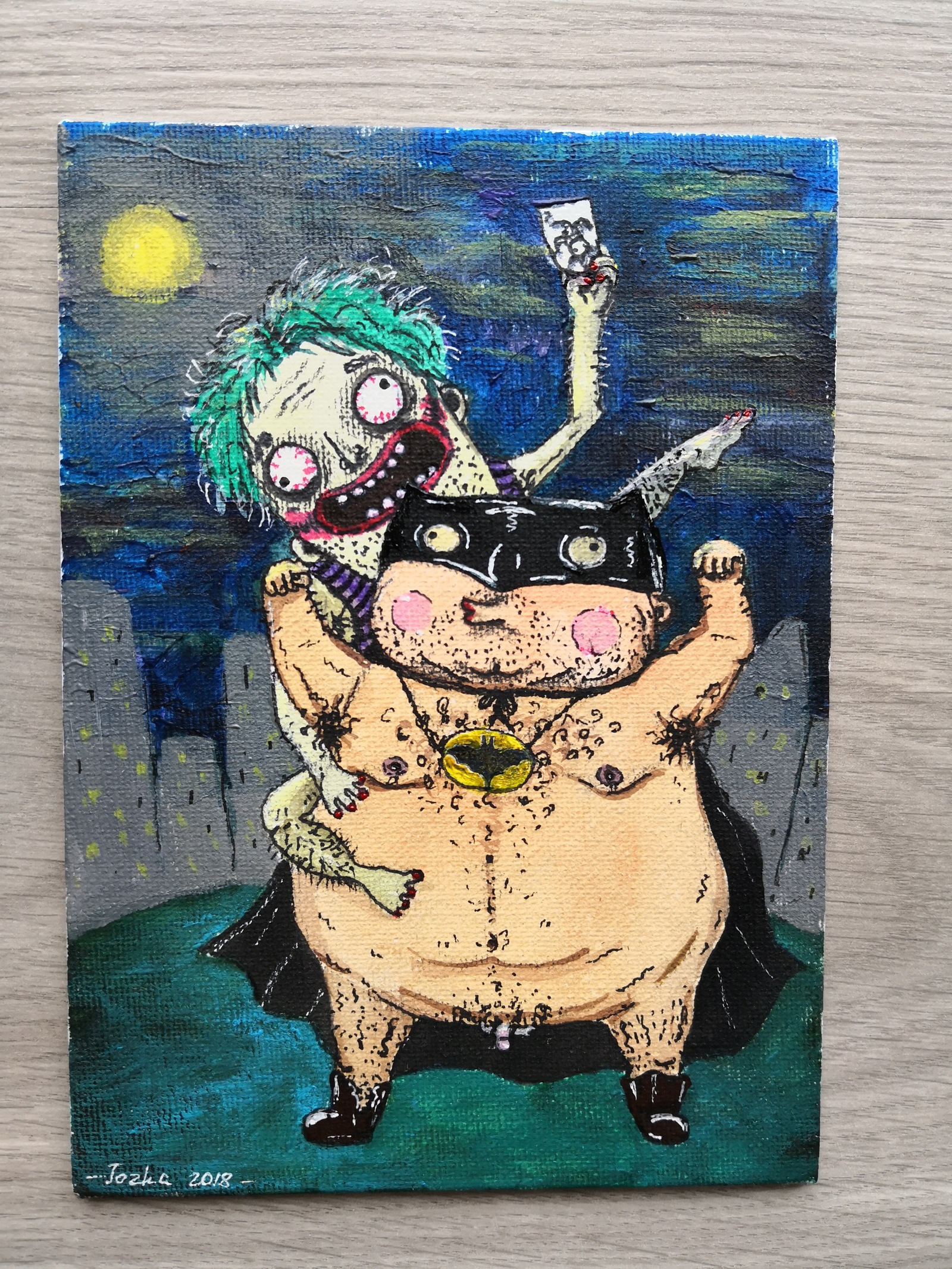 Batman and Joker - NSFW, My, Acrylic, Painting, Superheroes, Batman, Joker, Humor, Needlework without process, Dc comics