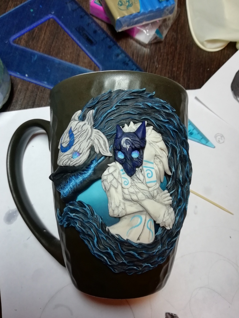 Birth Kindred from League of Legends - My, , Kindred, League of legends, Кружки, Polymer clay, Needlework with process, Handmade, Handmade, Longpost, Mug with decor