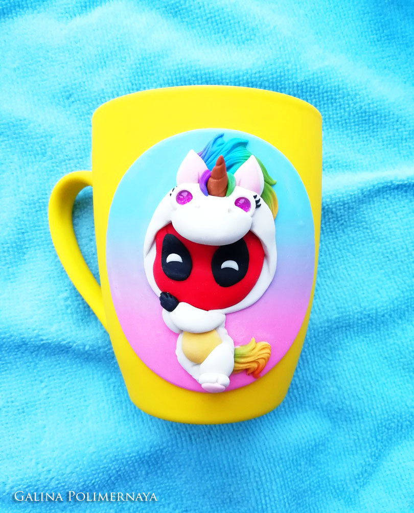 Deadpool in a unicorn costume ^_^ - My, Deadpool, Unicorn, Polymer clay, Needlework without process, Handmade, Handmade, Кружки, Chibi, Longpost, Mug with decor