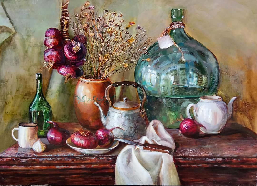 Still life with a bow. - My, Painting, Still life, Canvas, Painting, Tableware, Onion