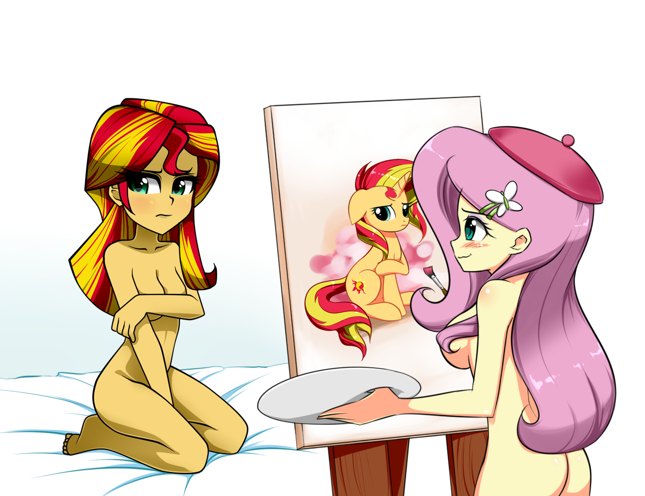 Flutter's Masterpiece - NSFW, My little pony, Equestria girls, Sunset shimmer, Fluttershy, Nekojackun, Twilite-Sparkleplz, MLP Suggestive