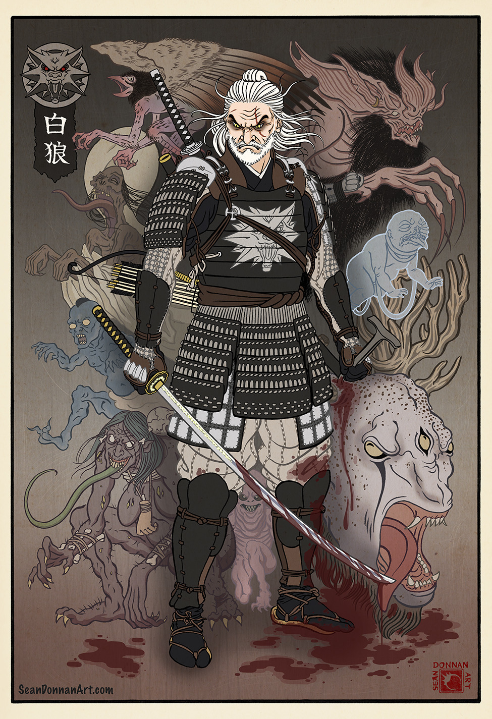 Silver katana for demons, iron katana for ronin - Geralt of Rivia, Witcher, Japan, Art, Drawing, 