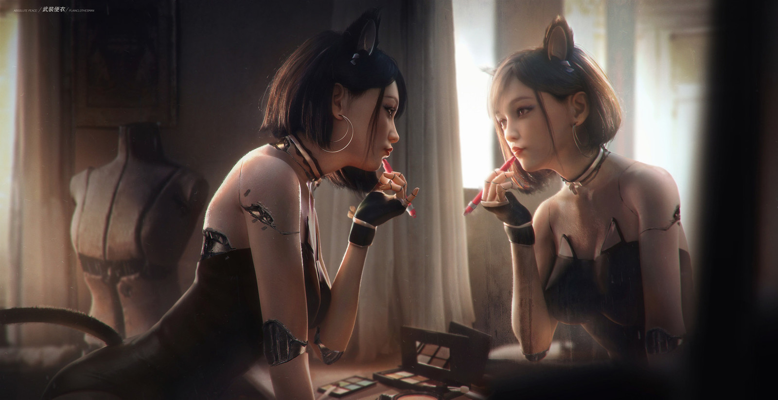 Makeup - Art, Drawing, Robot, Neko, Girls, Cyberpunk, Tian zi