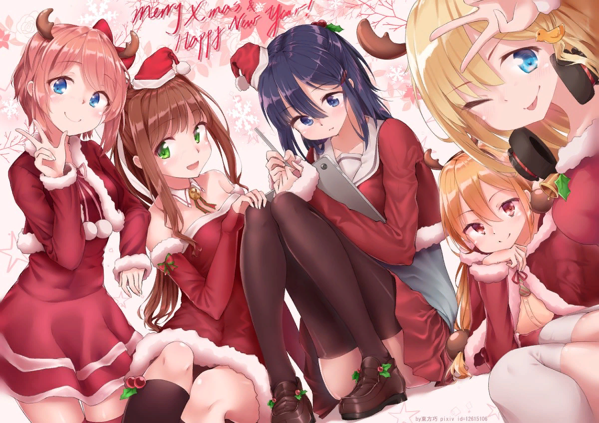 Happy Holidays from the club! - Doki Doki Literature Club, Sayori, Yuri DDLC, Monika, Anime art, Visual novel, 