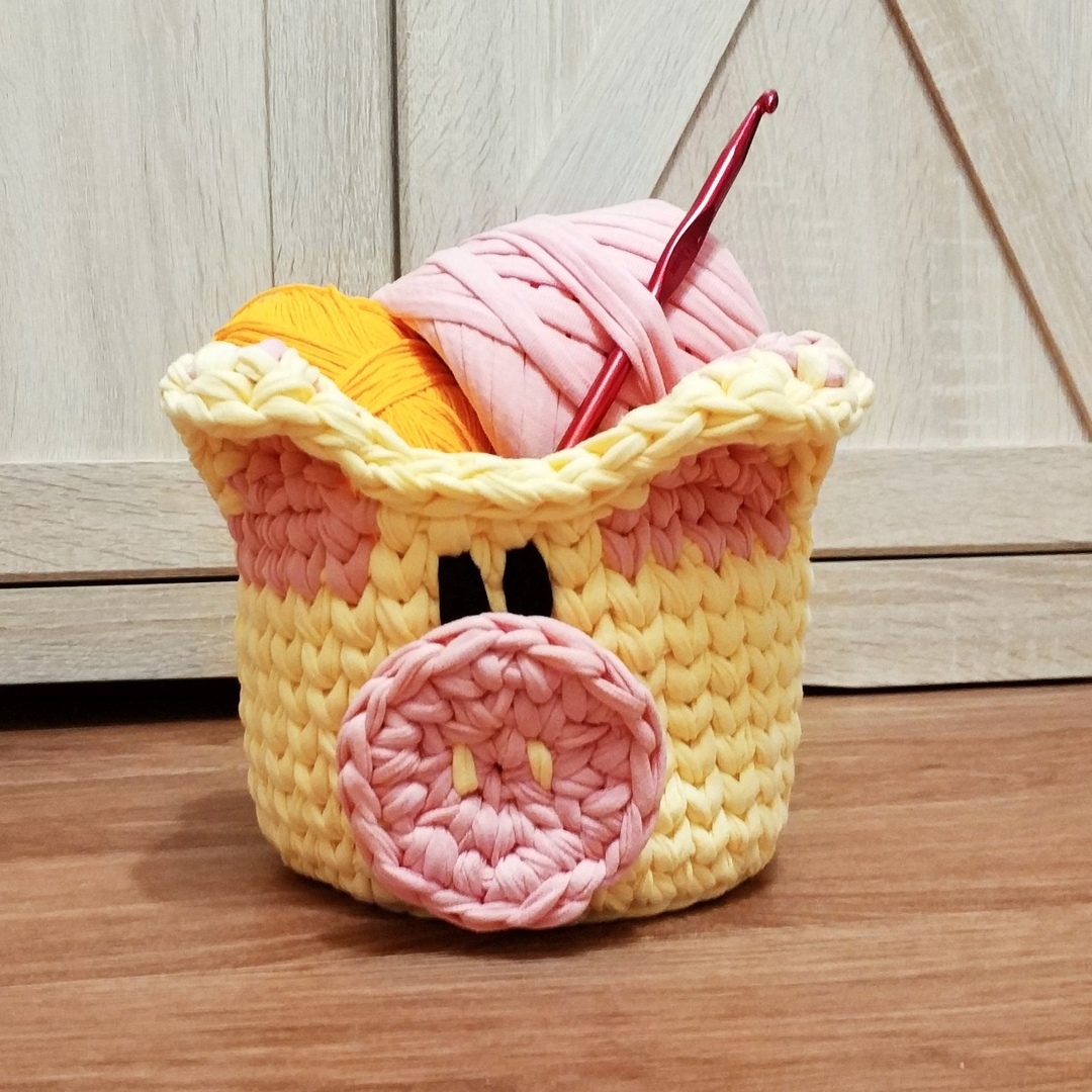 Piggy basket made of knitted yarn - My, Needlework without process, Handmade, Crochet, Pig year, Jersey, Basket, New Year, Longpost