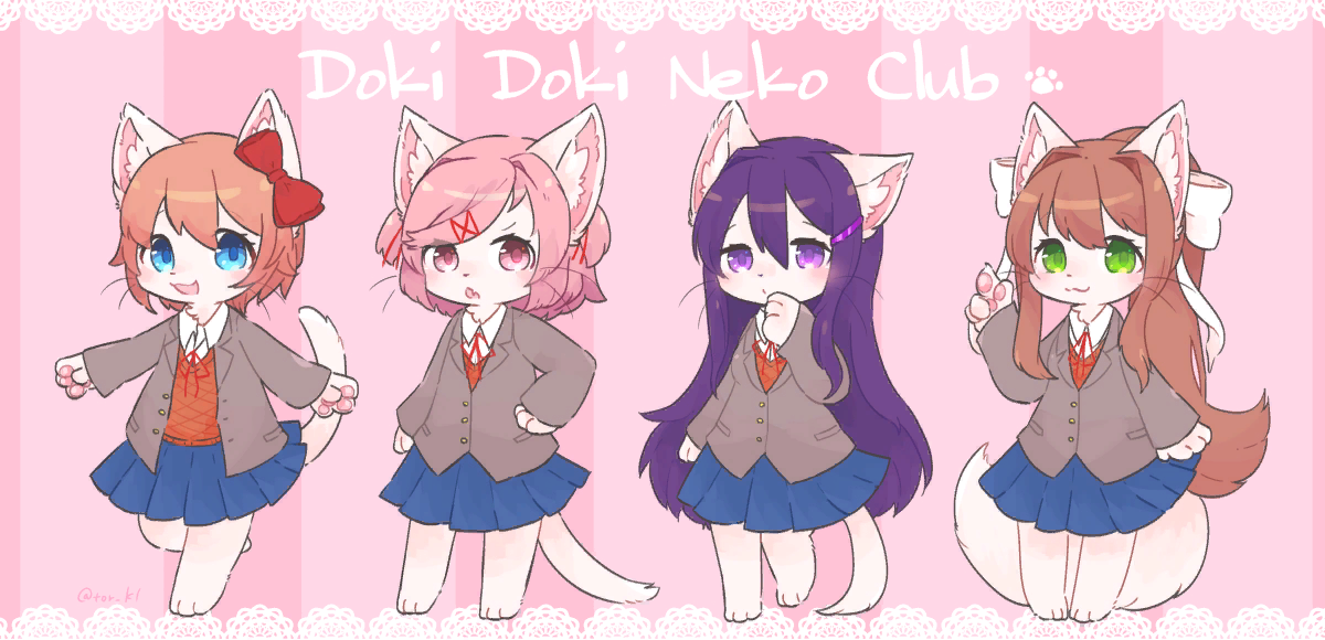 Doki Doki Neko Club - Doki Doki Literature Club, Sayori, Natsuki, Yuri DDLC, Monika, Anime art, Visual novel, Neko