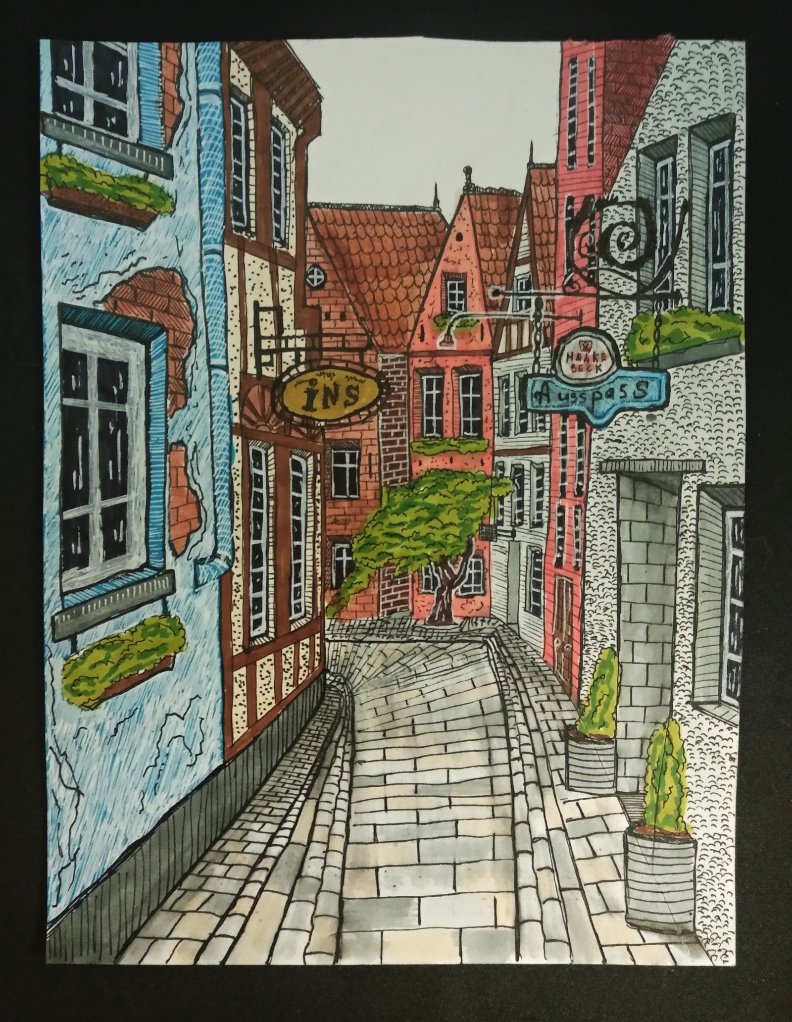 Somewhere in Germany - My, Architecture, Watercolor markers, Drawing, The street, Germany