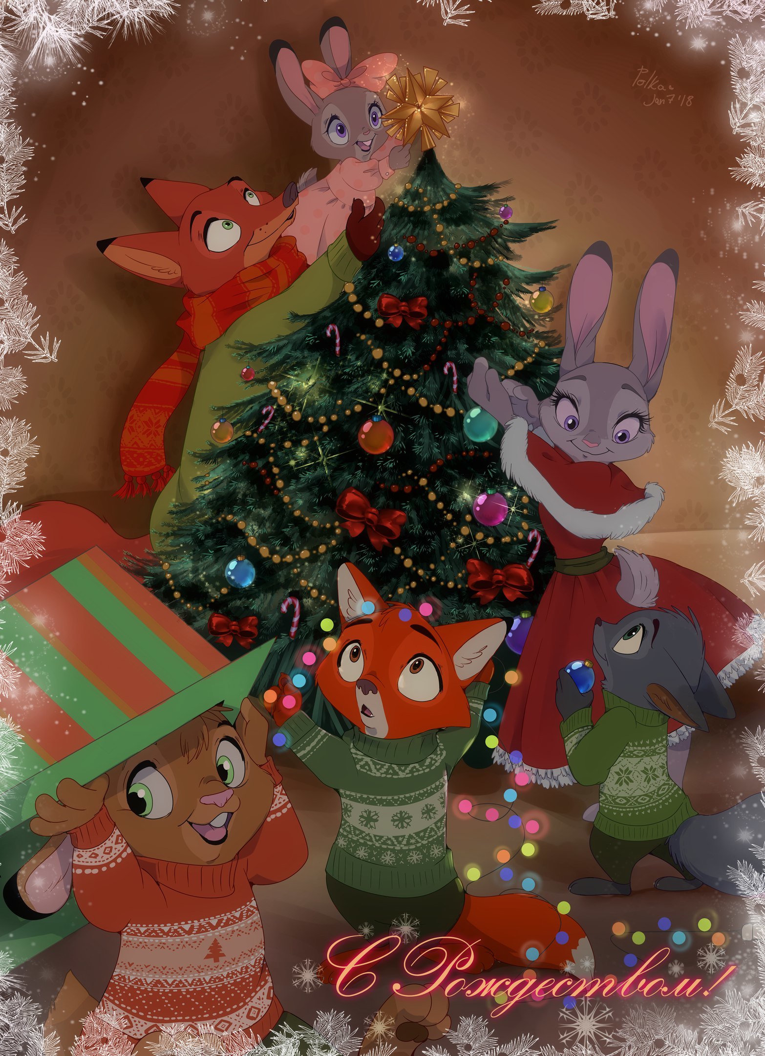 Merry Christmas! - Zootopia, Nick and Judy, Art, Littlepolka, Christmas