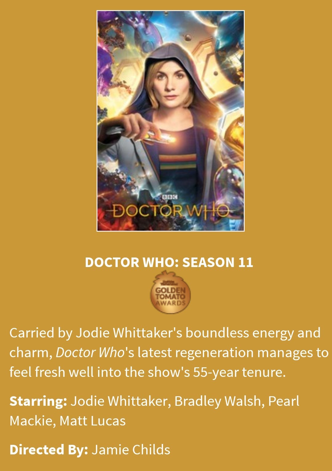 Meanwhile, the new season of Doctor Who was voted the best sci-fi series of 2018 by critics rottentomatoes - Doctor Who, Jody Whitaker, Serials