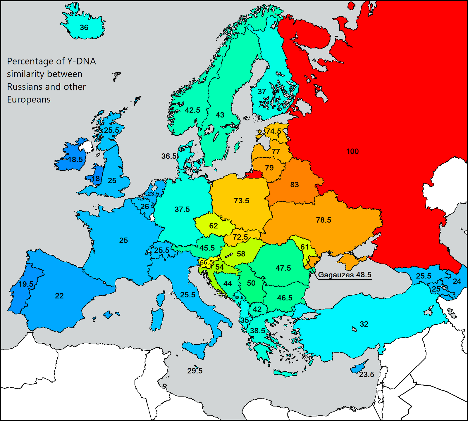A map of DNA similarity in percentage terms between residents of Russia and residents of other European countries... - World map, Ethnogenesis
