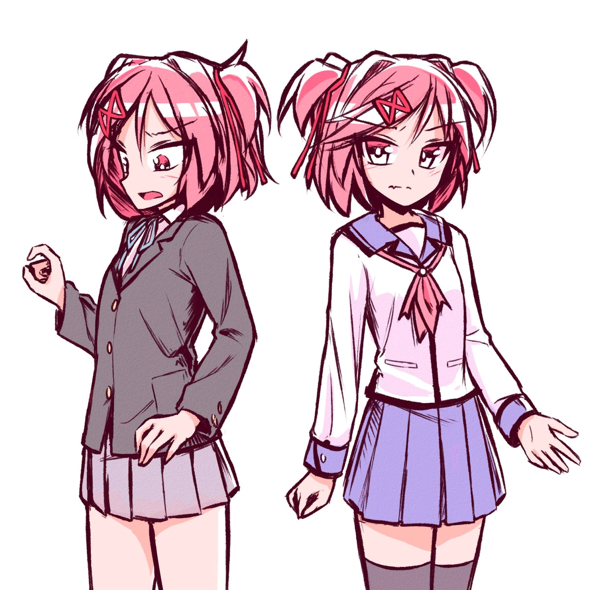 Natsuki is cosplaying in different uniforms! - Doki Doki Literature Club, Natsuki, Anime Art, Визуальная новелла