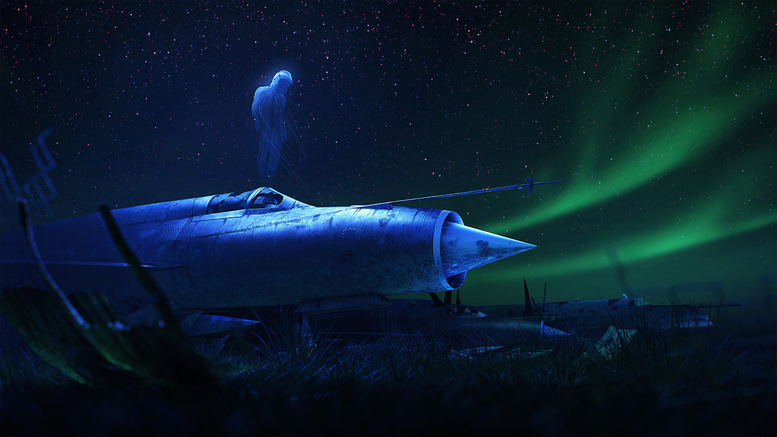 Pilot's Soul - Art, Drawing, Soul, Призрак, Pilot, Airplane, Polar Lights, 