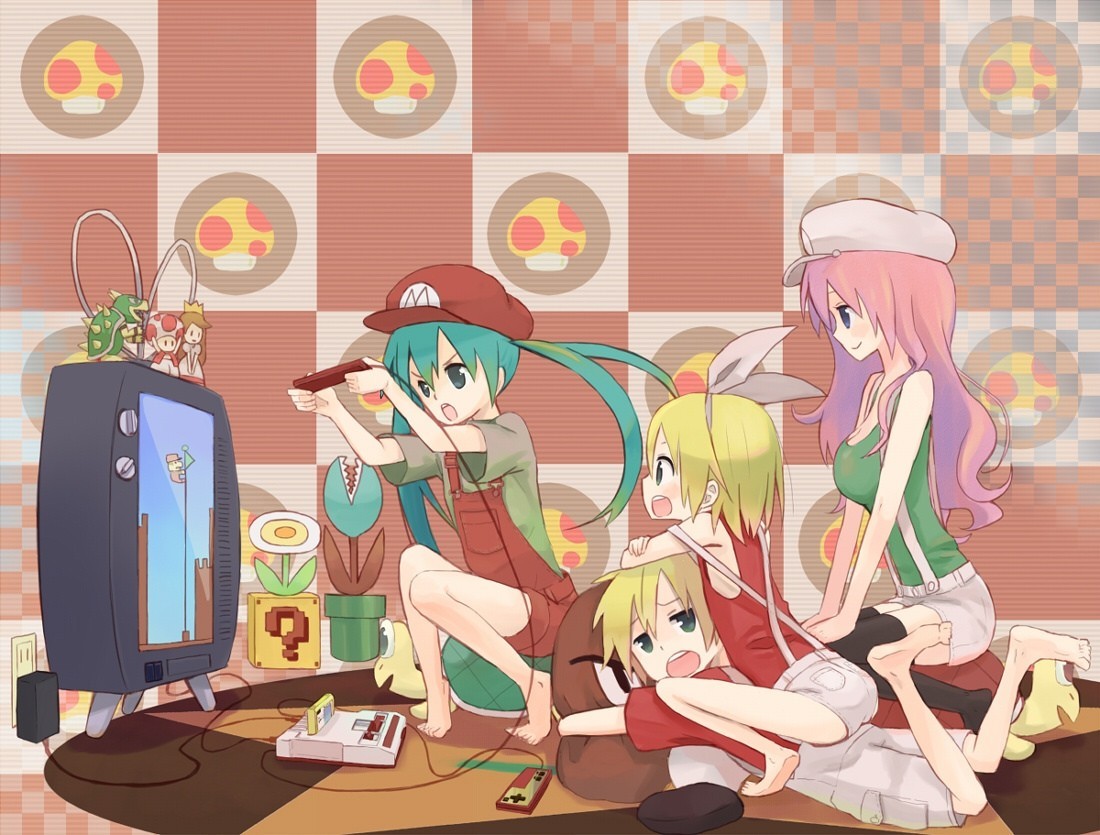 Mario and Vocaloids - Anime, Not anime, Hatsune Miku, Kagamine Rin & Len, Megurine luka, Super mario, Crossover, Anime art