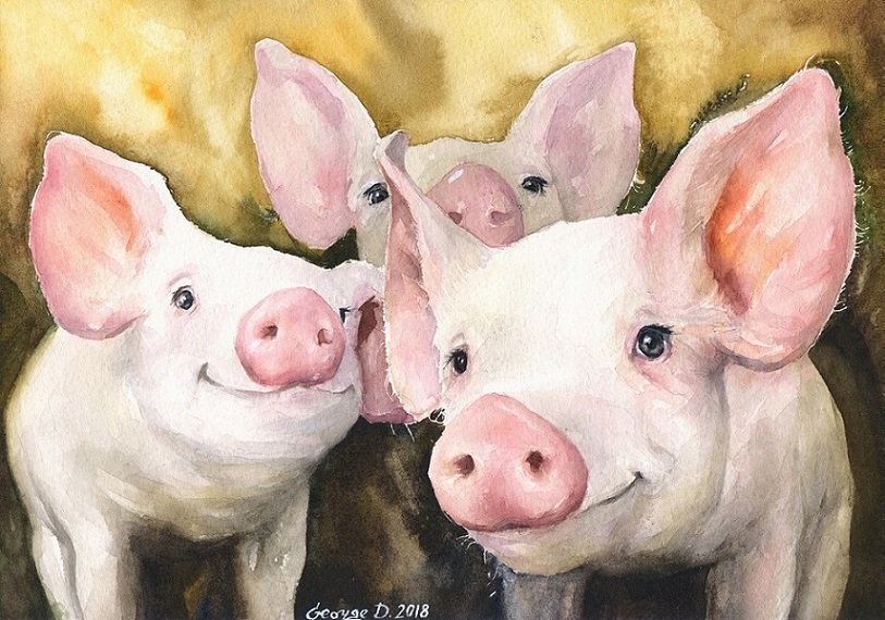 Friends and Mom. Watercolor :) - My, Watercolor, Painting, Milota, Smile, Animals, Eyes, Drawing, Pig, Longpost