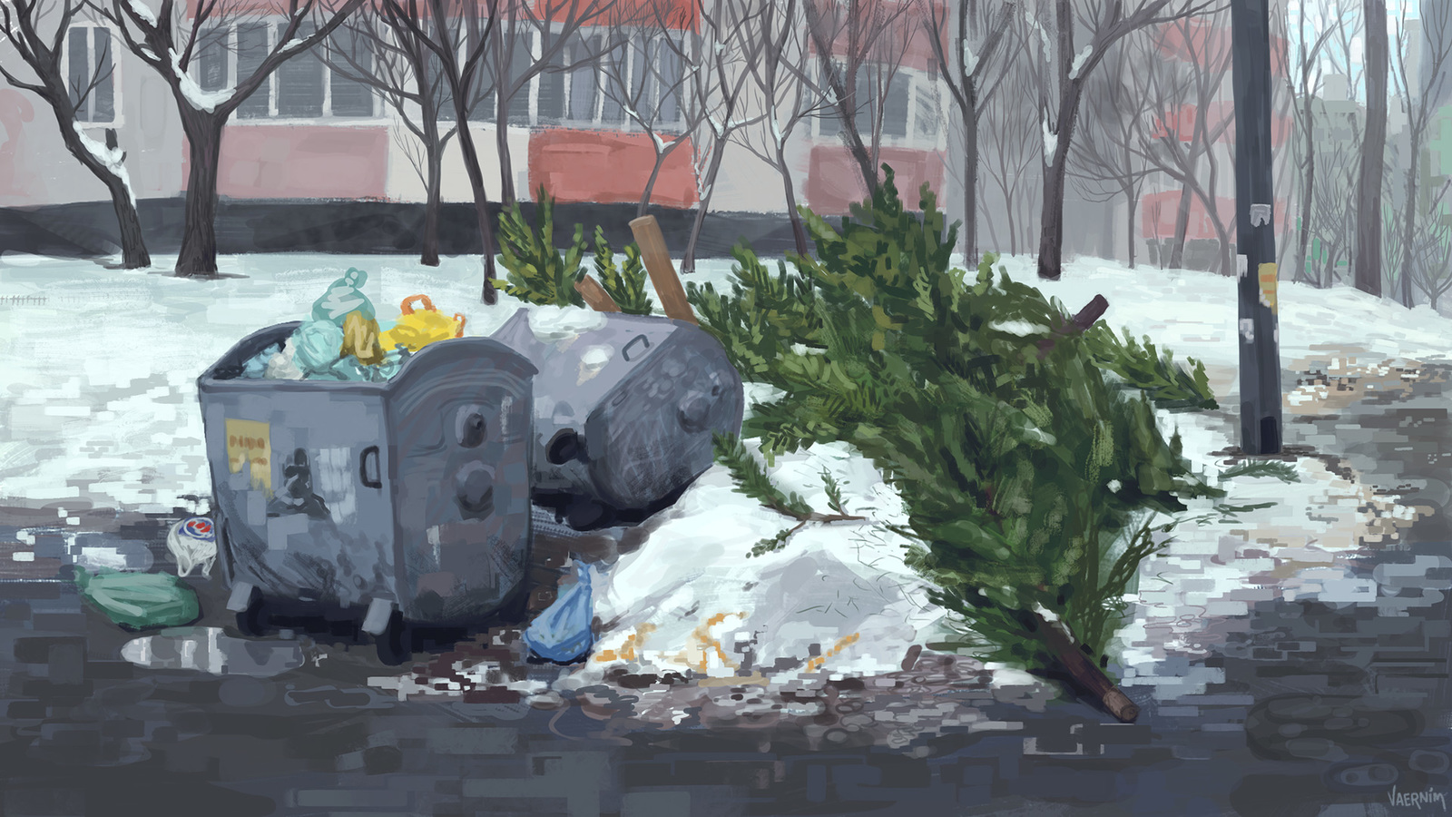 Allegory of post-holiday days - My, Vaernim, Drawing, Still life, Photoshop, Nature, Garbage, New Year, Digital drawing