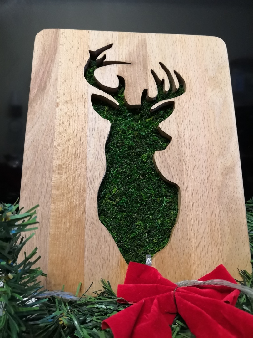 Gift for wife from moss and boards - My, With your own hands, Needlework without process, Longpost, Board, Deer, Wood carving, Deer