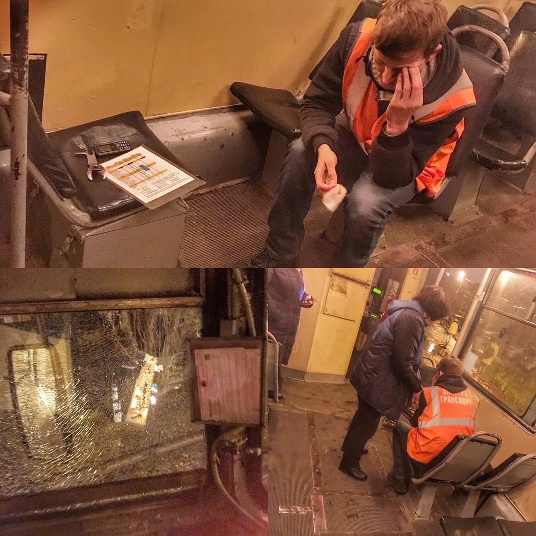 In Krasnodar, someone threw a stone at the side window of a tram driver, the fragments hit him in the eyes - Krasnodar, Tram, Driver, A rock, Glass, State of emergency, Inadequate, Negative