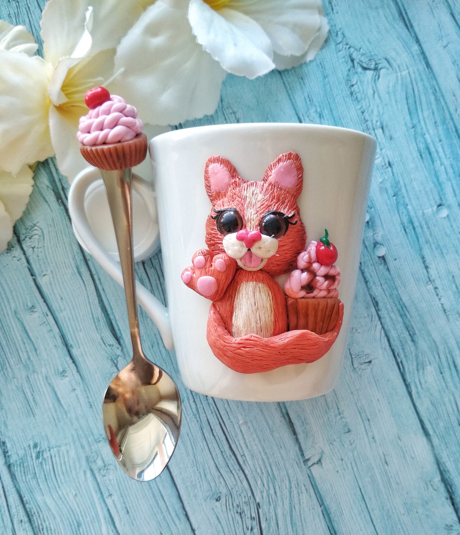 cutie cat) - My, Polymer clay, Лепка, , Mug with decor, Handmade, A cup