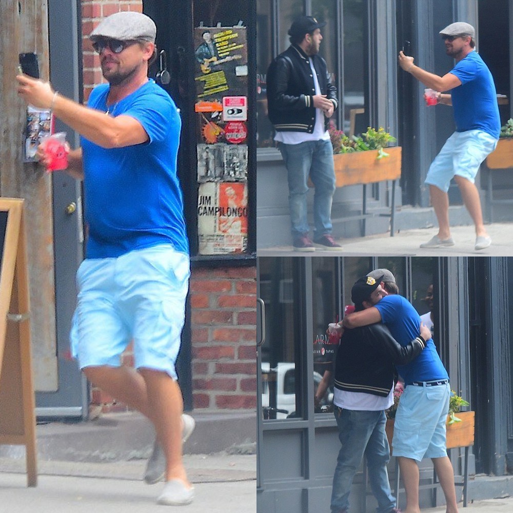 Leonardo DiCaprio runs up to John Hill pretending to be a fan - Leonardo DiCaprio, , The photo, Jonah Hill