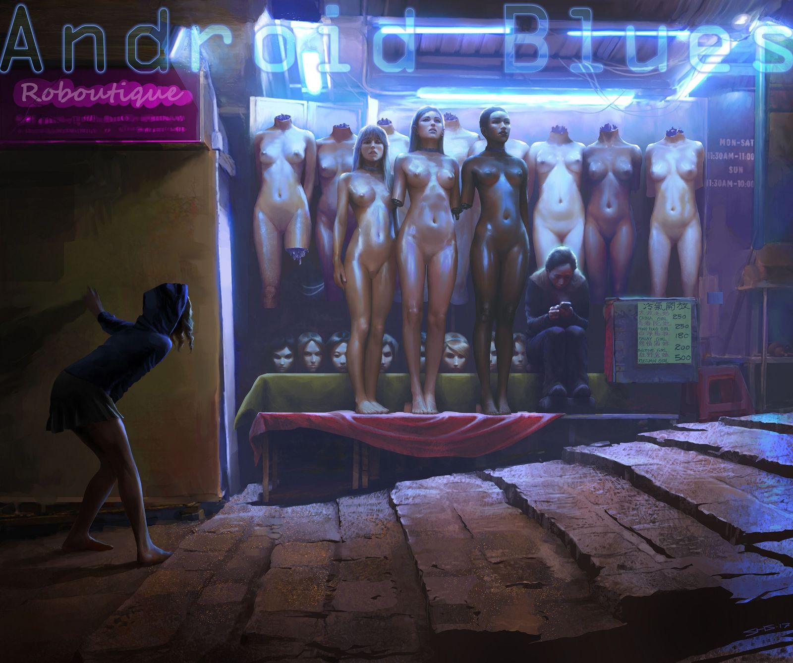 Gynoid trade - NSFW, Art, Drawing, Gynoid, Girl, Salesman, Robot, Steven Stahlberg, Cyberpunk