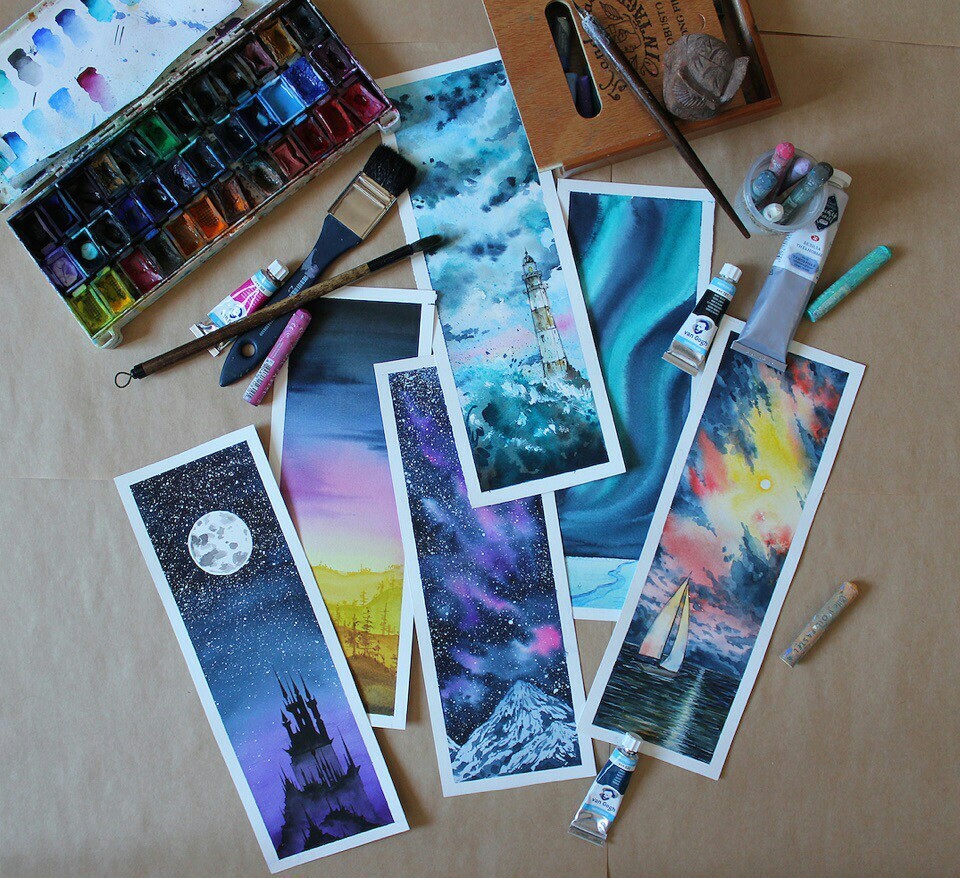 watercolor bookmarks - My, Watercolor, Landscape, Art, Sky, Bookmarks, Painting, Longpost