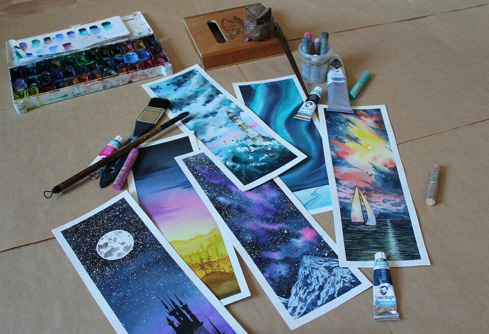 watercolor bookmarks - My, Watercolor, Landscape, Art, Sky, Bookmarks, Painting, Longpost