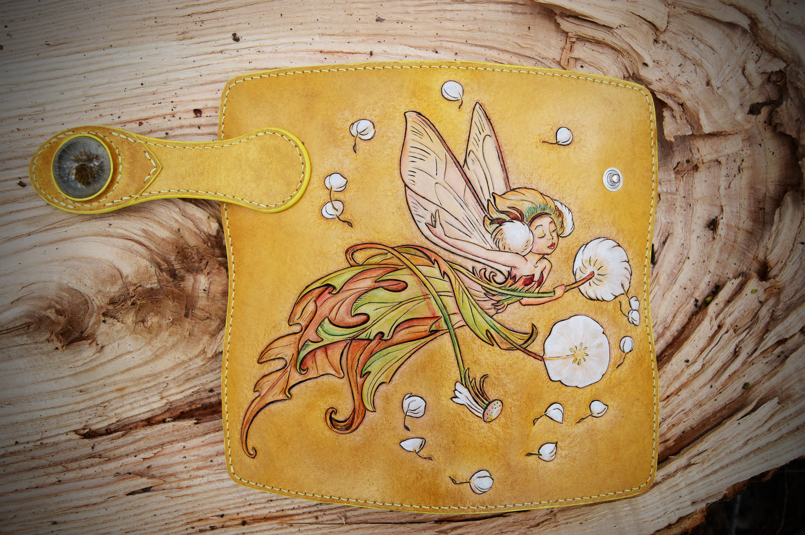 Purse with dandelion. - My, Fairy, Dandelion, Leather, Embossing on leather, Wallet, Longpost