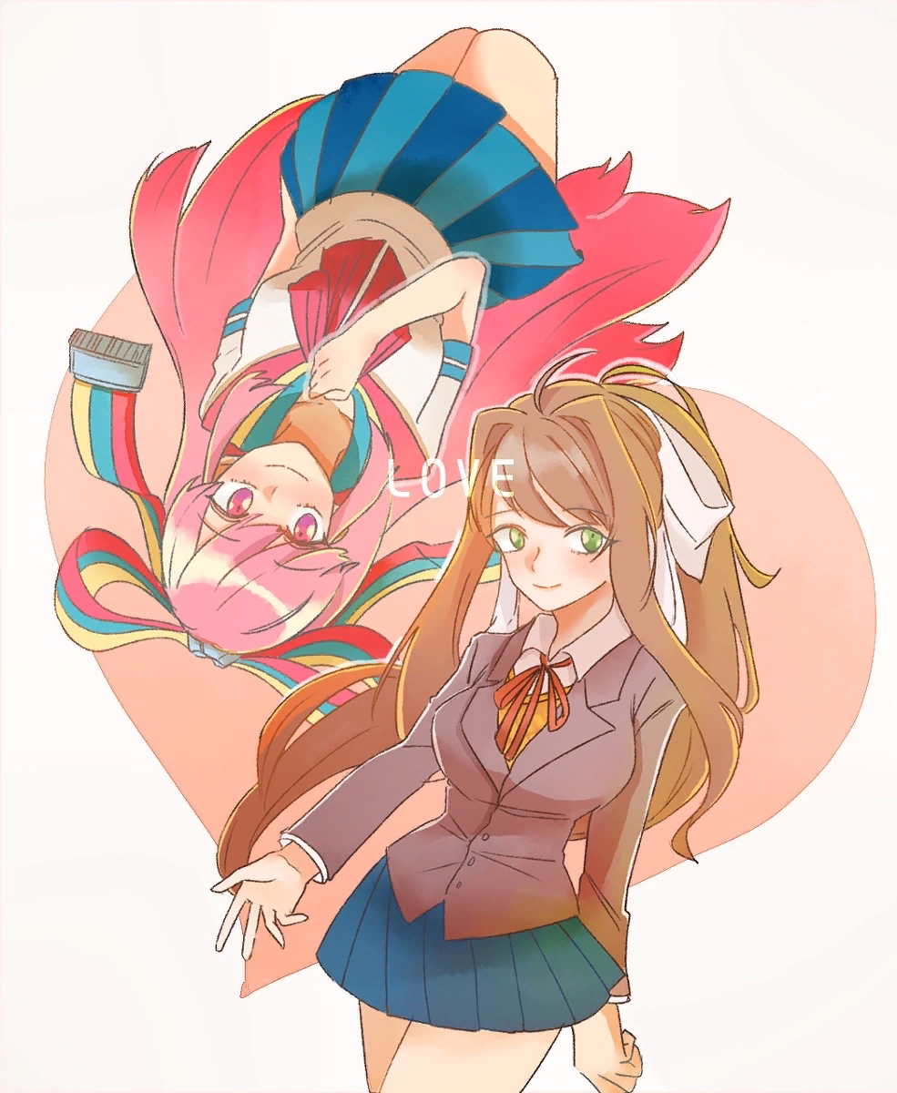 Monika and Giffany - Doki Doki Literature Club, Кроссовер, Gravity Falls, Monika, Giffany, Anime Art, Визуальная новелла