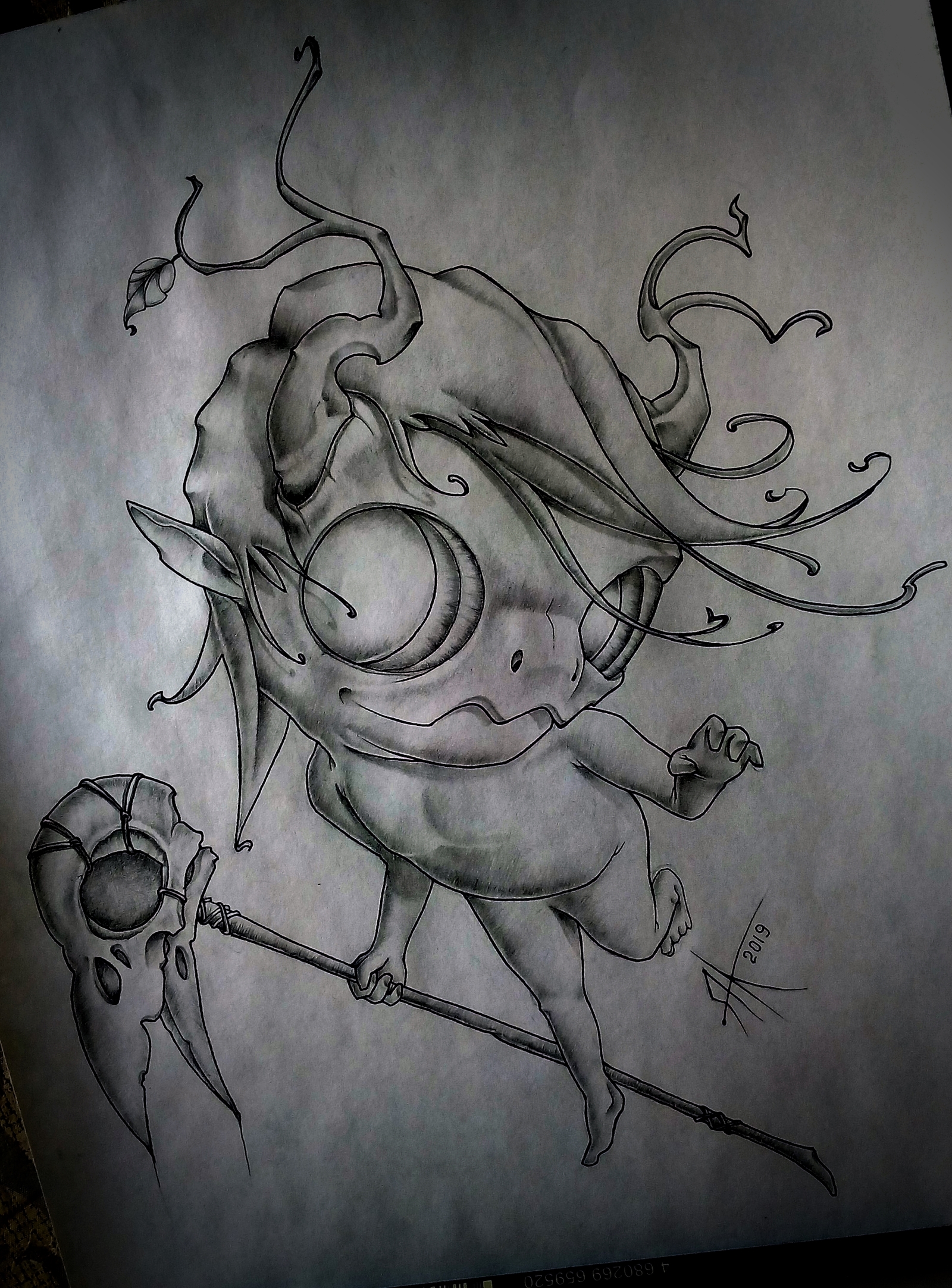 Forest spirit - My, Characters (edit), Pencil drawing, Scull, Staff, Forest spirit, Graphics, Drawing, Creatures